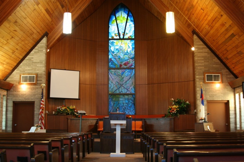 Picture of the Pulpit and interior stained glass